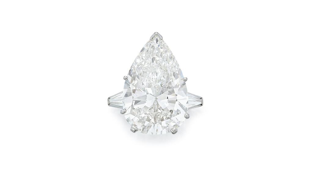 A diamond ring that once belonged to the Sinatras, featuring a 16.19-carat center stone Barbara Sinatra ring